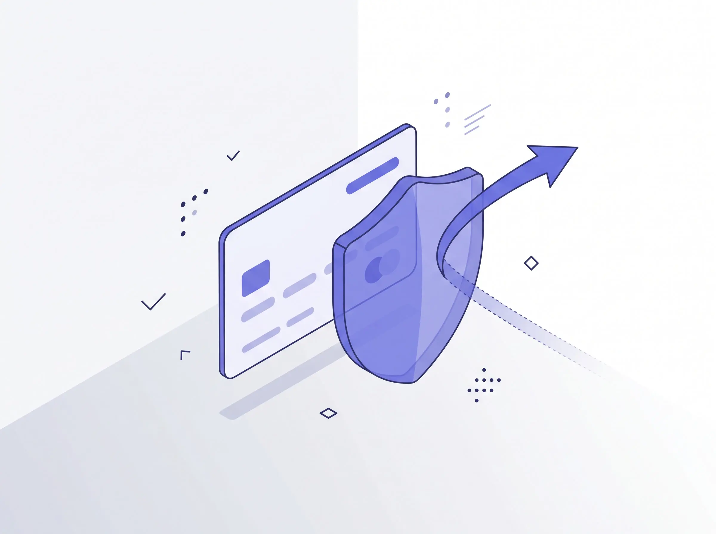 Isometric illustration of a credit card behind a translucent indigo shield deflecting an incoming arrow away with a curved dotted trail showing the original path
