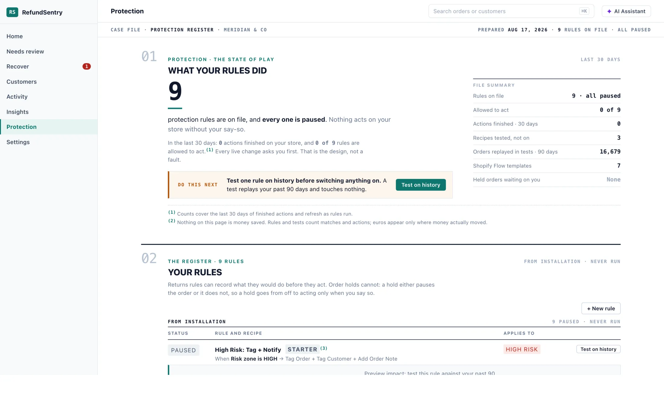 The protection register showing every rule, what it applies to, and whether it is paused