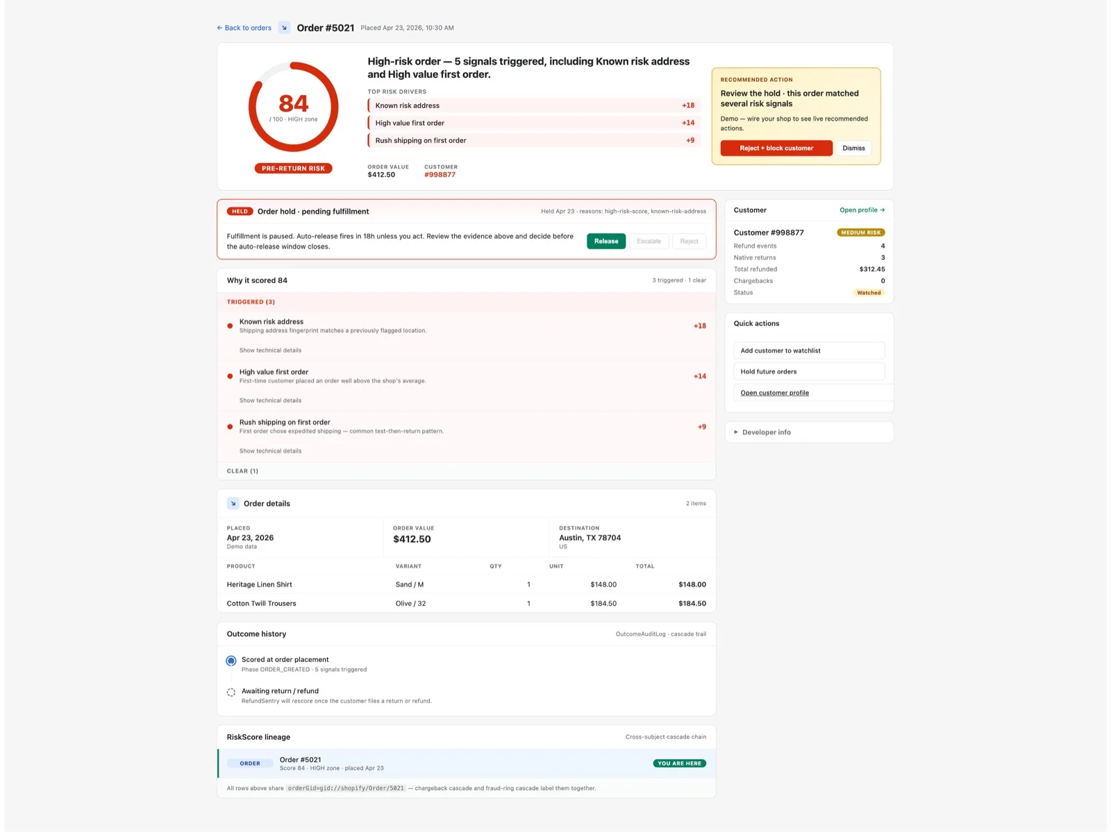 Order detail inside Shopify admin: 84/100 risk score, fulfillment-hold banner with Release / Escalate / Reject actions, and triggered signals (Known risk address, High value first order, Rush shipping on first order).